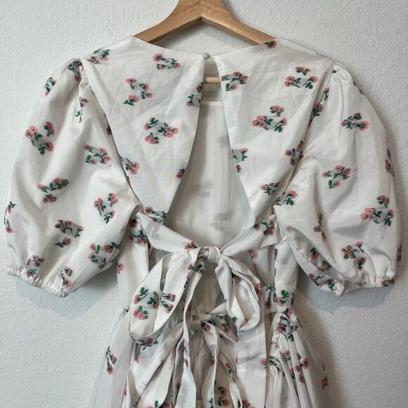 Sister Jane Dream White Floral Embroidered Taffeta Puff Sleeve Tie Back Dress XL - Picture 5 of 7